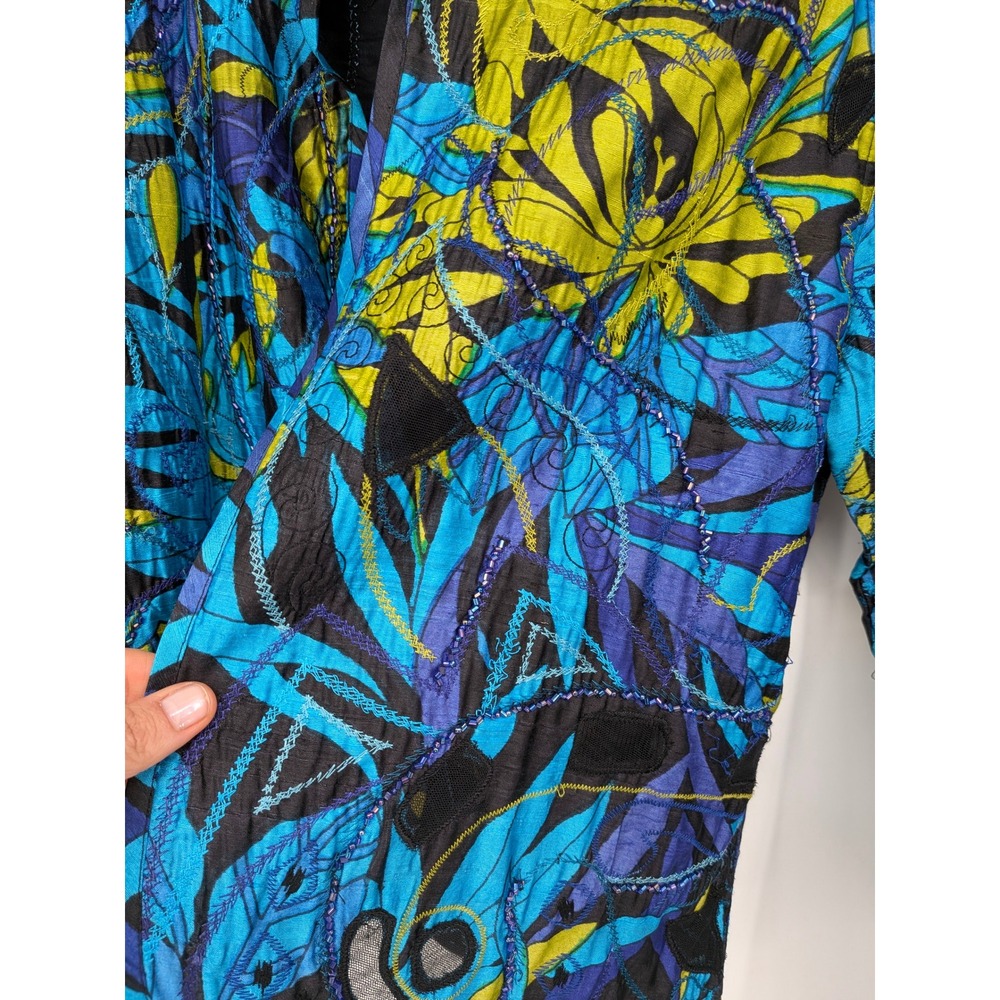 Chicos Silk Jacket Women Medium Blue Floral Art To Wear Embroidered Open Front - Picture 2 of 7
